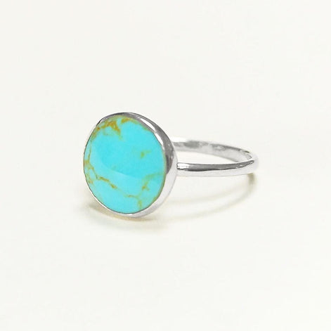 Blue Turquoise Ring, Silver 925, Small Round flat Stone, Geometric Simple Turquoise Jewelry, Dainty Modern Stacking Minimalist Ring