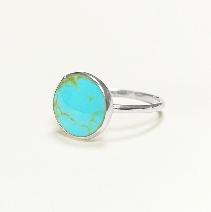 Blue Turquoise Ring, Silver 925, Small Round flat Stone, Geometric Simple Turquoise Jewelry, Dainty Modern Stacking Minimalist Ring