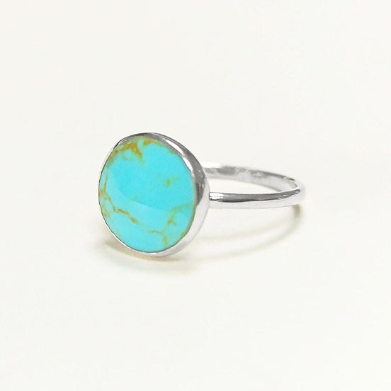 Blue Turquoise Ring, Silver 925, Small Round flat Stone, Geometric Simple Turquoise Jewelry, Dainty Modern Stacking Minimalist Ring