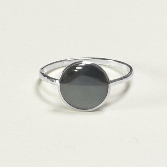 Hematite Sterling Ring 925- Gray Stone Ring - Small Geometric Round Ring - Dainty Ring - Minimalist Stacking Ring Unique