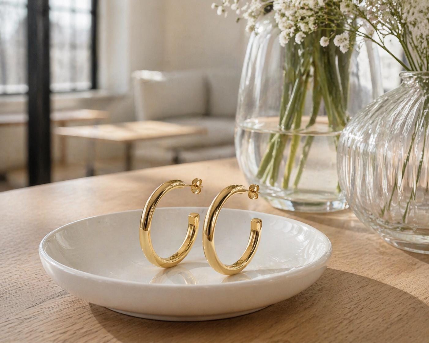 Grandes créoles épaisses dorées • Boucles d'oreilles anneaux demi-arrondis ouverts • Bijou contemporain pour femme