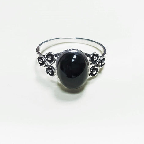 Black Boho Ring, Sterling Silver, Shiny Oval Stone, Genuine Onyx Gemstone, Jewelry, Dainty Vintage Gothic Flower Style Ring