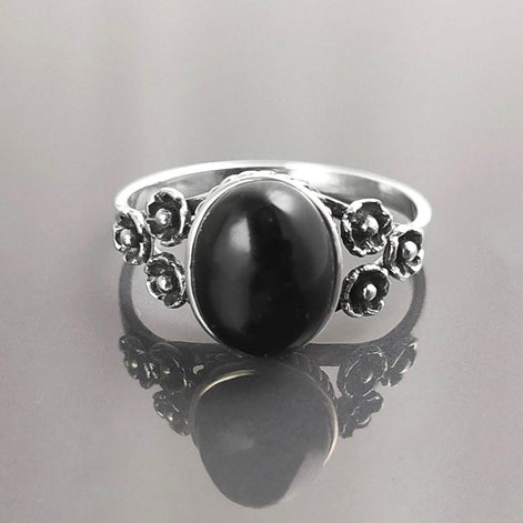 Black Boho Ring, Sterling Silver, Shiny Oval Stone, Genuine Onyx Gemstone, Jewelry, Dainty Vintage Gothic Flower Style Ring
