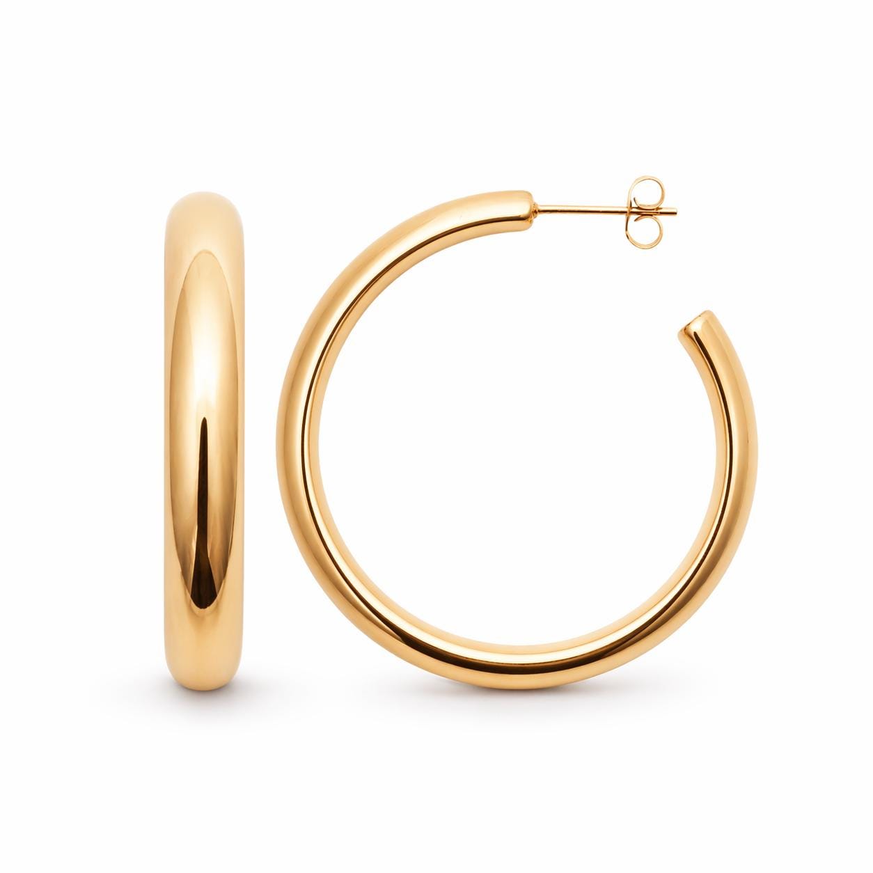 Grandes créoles épaisses dorées • Boucles d'oreilles anneaux demi-arrondis ouverts • Bijou contemporain pour femme