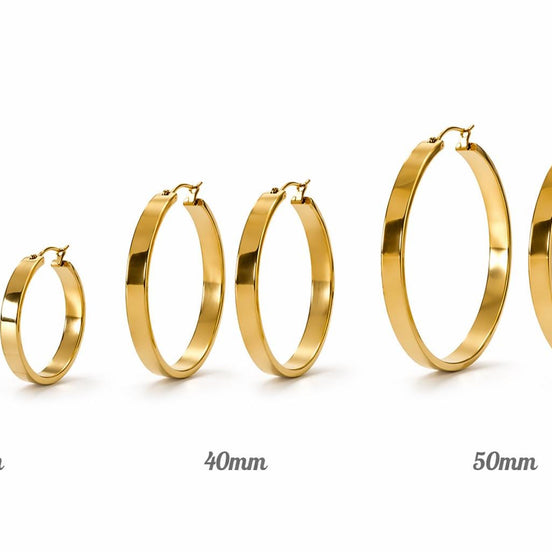 Créoles fil plat doré • Boucles d'oreilles anneaux minimalistes • Trois tailles : 30 mm, 40 mm et 50 mm • Bijou moderne pour femme