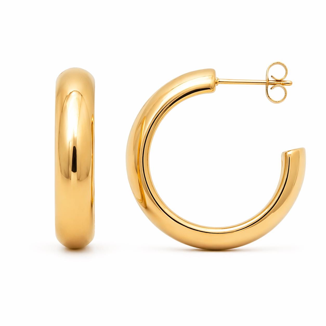 Grandes créoles épaisses dorées • Boucles d'oreilles anneaux demi-arrondis ouverts • Bijou contemporain pour femme