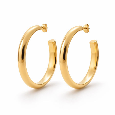 Grandes créoles épaisses dorées • Boucles d'oreilles anneaux demi-arrondis ouverts • Bijou contemporain pour femme