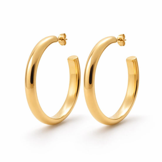 Grandes créoles épaisses dorées • Boucles d'oreilles anneaux demi-arrondis ouverts • Bijou contemporain pour femme