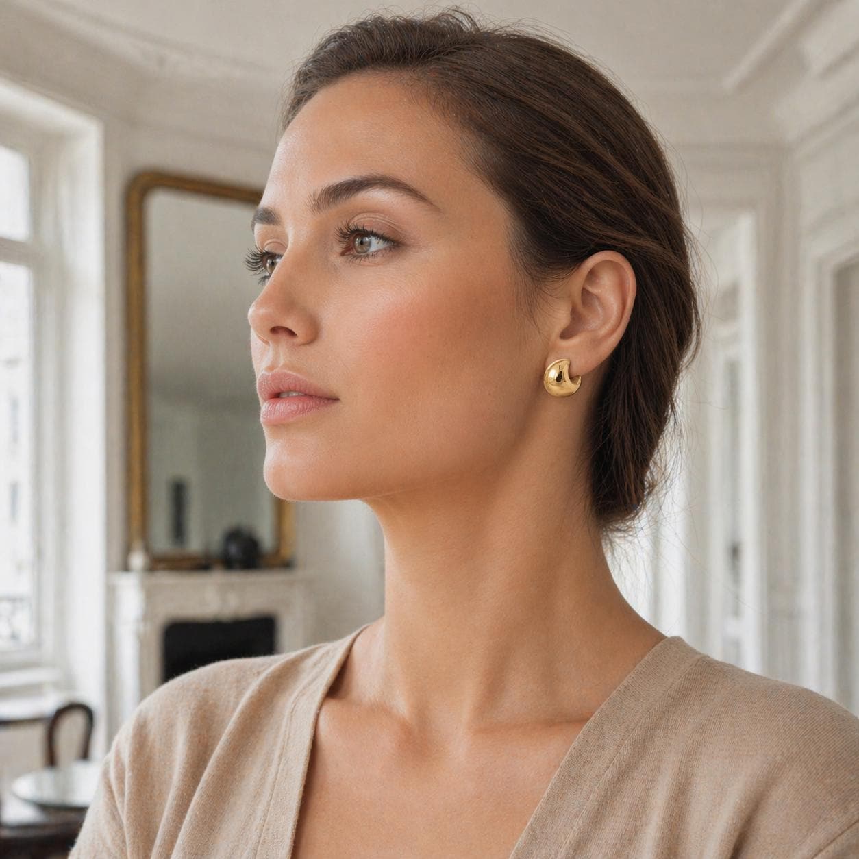 Grandes créoles épaisses dorées • Boucles d'oreilles anneaux demi-arrondis ouverts • Bijou contemporain pour femme