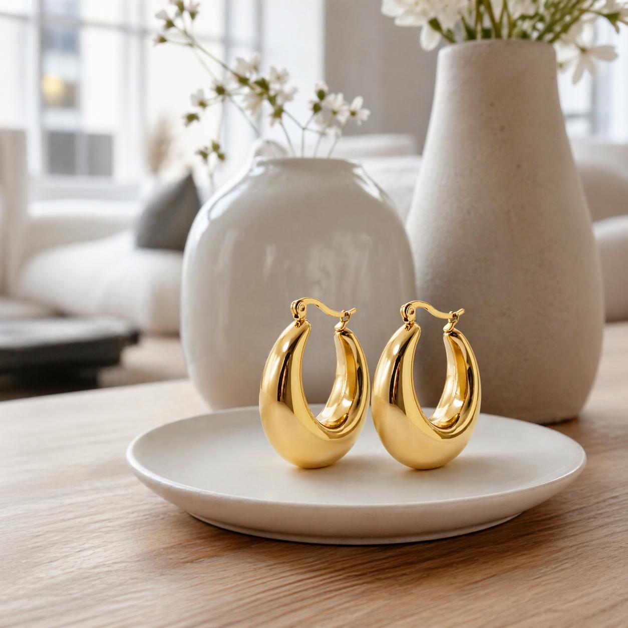 Créoles chunky croissant plaqué Or • Boucles d'oreilles grand anneaux épais • Bijou contemporain pour femme