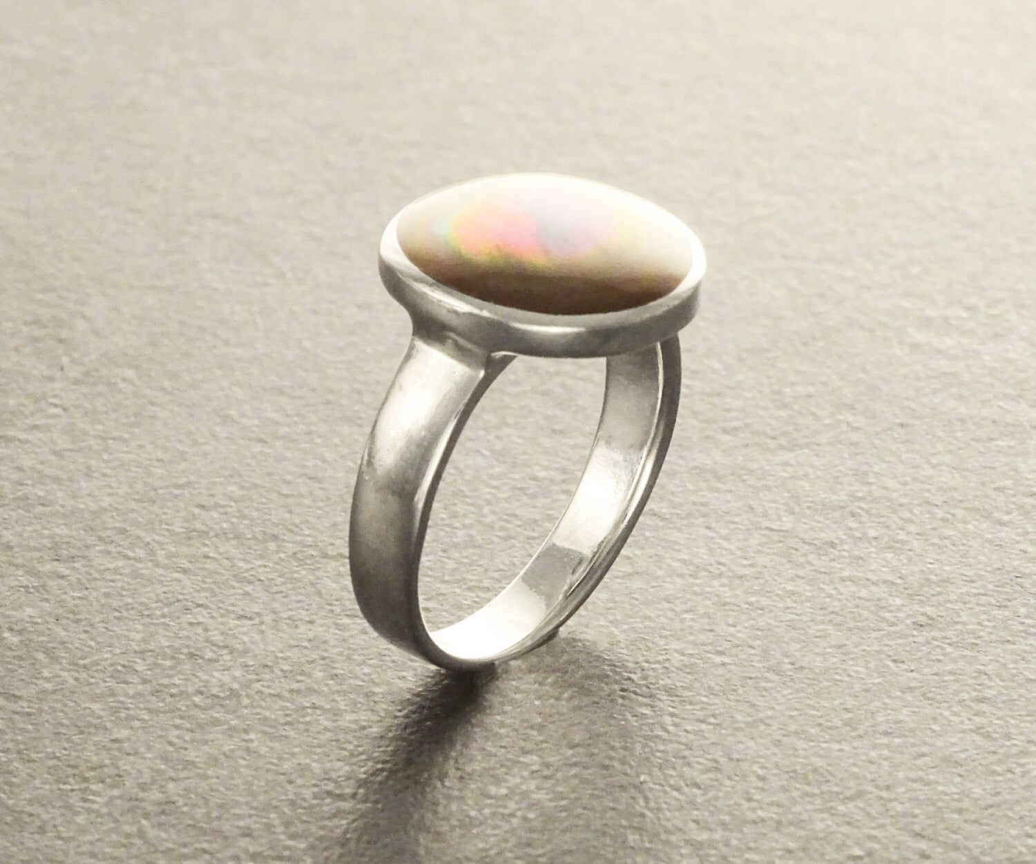 Gold Shell Ring, Sterling Silver, Genuine Copper Gold Paua Shell Pearl, Modern Minimalist Geometric Round Stone Ring