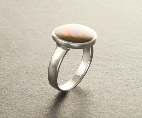Gold Shell Ring, Sterling Silver, Genuine Copper Gold Paua Shell Pearl, Modern Minimalist Geometric Round Stone Ring