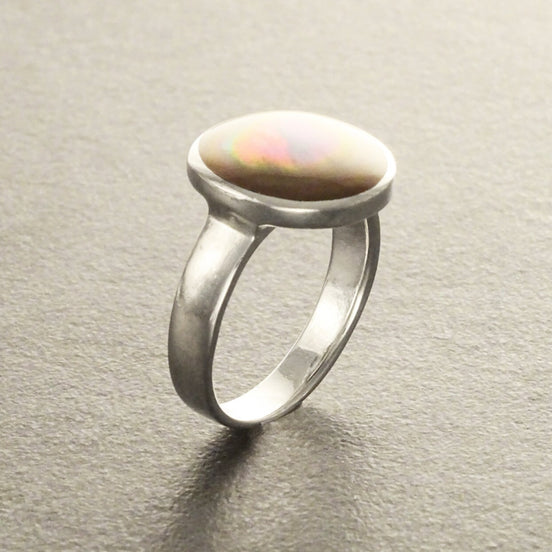 Gold Shell Ring, Sterling Silver, Genuine Copper Gold Paua Shell Pearl, Modern Minimalist Geometric Round Stone Ring