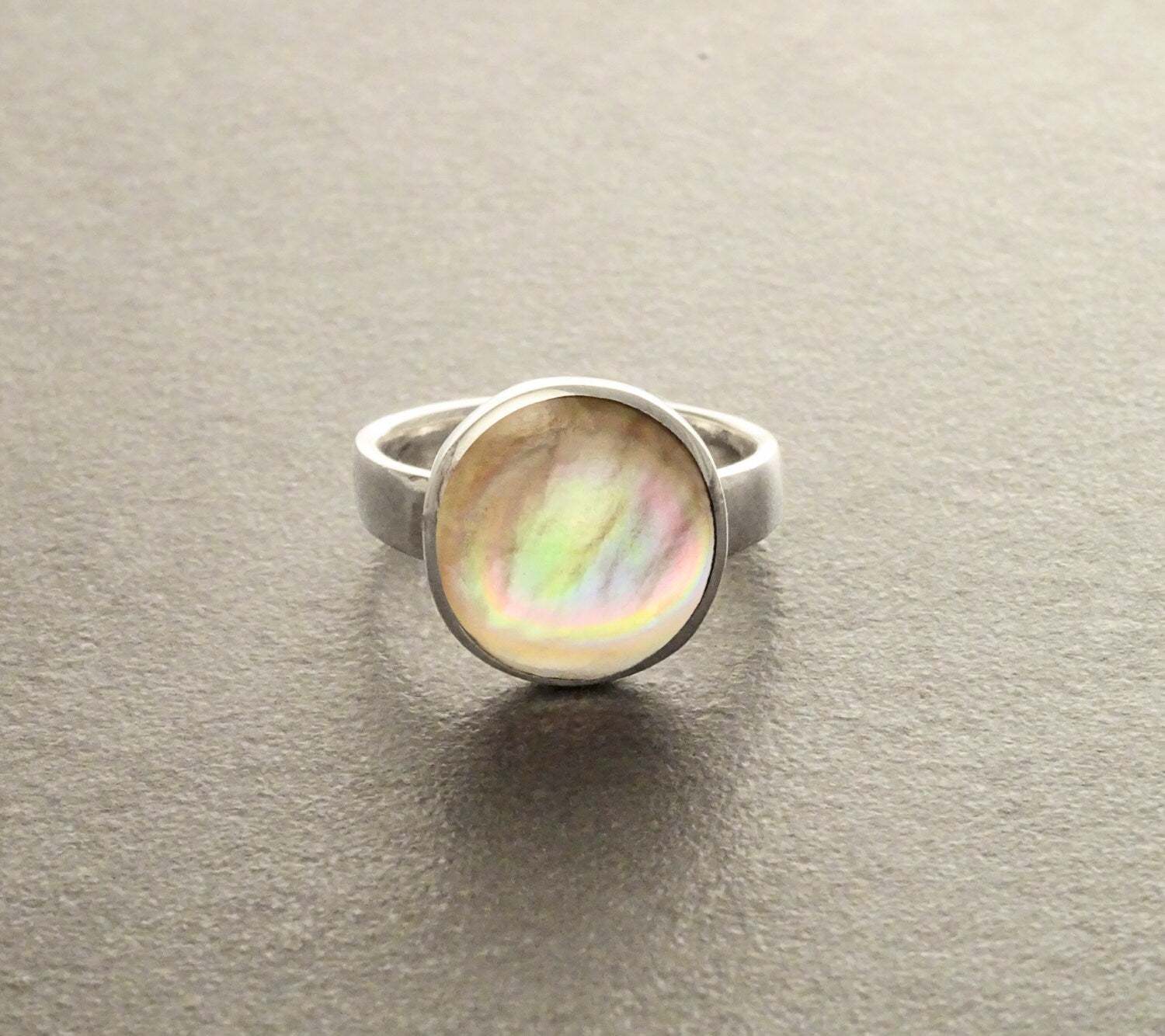 Gold Shell Ring, Sterling Silver, Genuine Copper Gold Paua Shell Pearl, Modern Minimalist Geometric Round Stone Ring