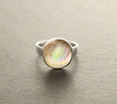 Gold Shell Ring, Sterling Silver, Genuine Copper Gold Paua Shell Pearl, Modern Minimalist Geometric Round Stone Ring