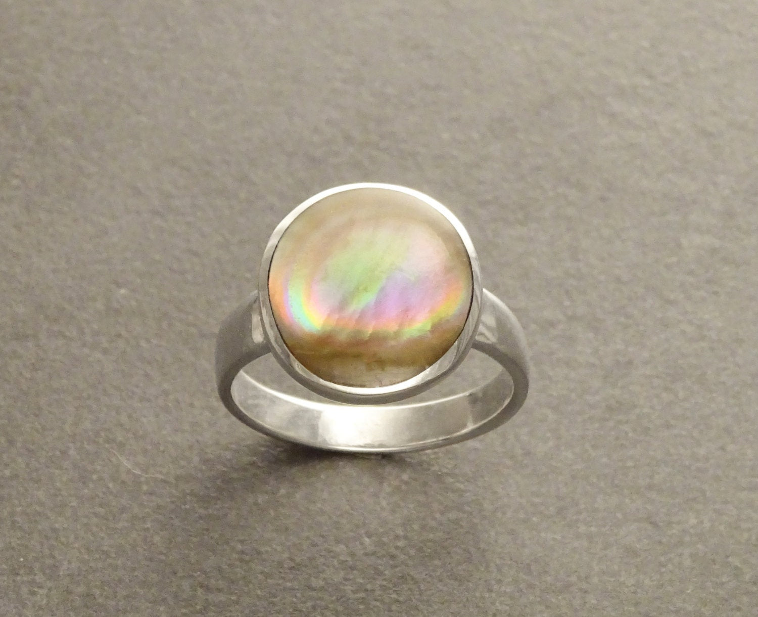Gold Shell Ring, Sterling Silver, Genuine Copper Gold Paua Shell Pearl, Modern Minimalist Geometric Round Stone Ring