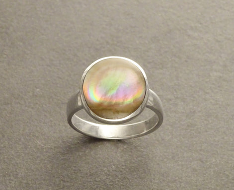 Gold Shell Ring, Sterling Silver, Genuine Copper Gold Paua Shell Pearl, Modern Minimalist Geometric Round Stone Ring