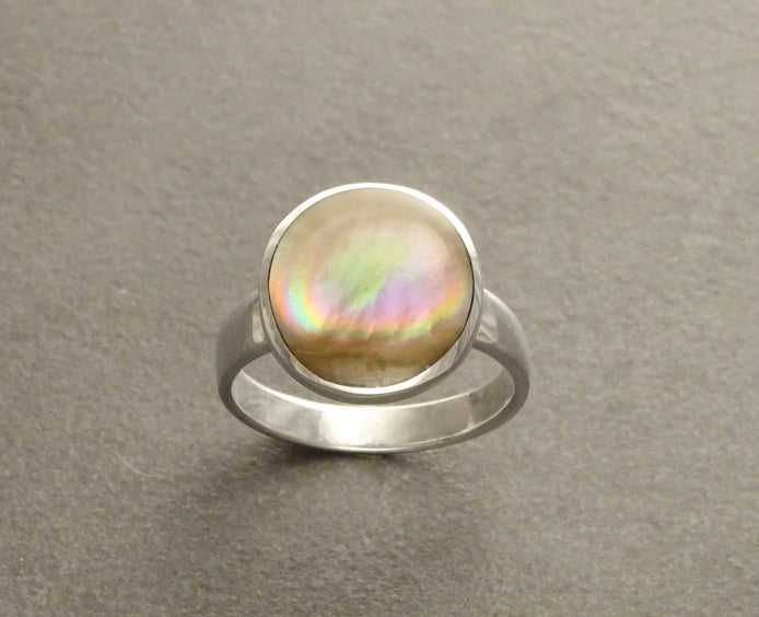 Gold Shell Ring, Sterling Silver, Genuine Copper Gold Paua Shell Pearl, Modern Minimalist Geometric Round Stone Ring
