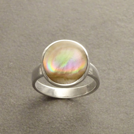 Gold Shell Ring, Sterling Silver, Genuine Copper Gold Paua Shell Pearl, Modern Minimalist Geometric Round Stone Ring