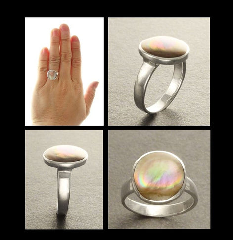 Gold Shell Ring, Sterling Silver, Genuine Copper Gold Paua Shell Pearl, Modern Minimalist Geometric Round Stone Ring