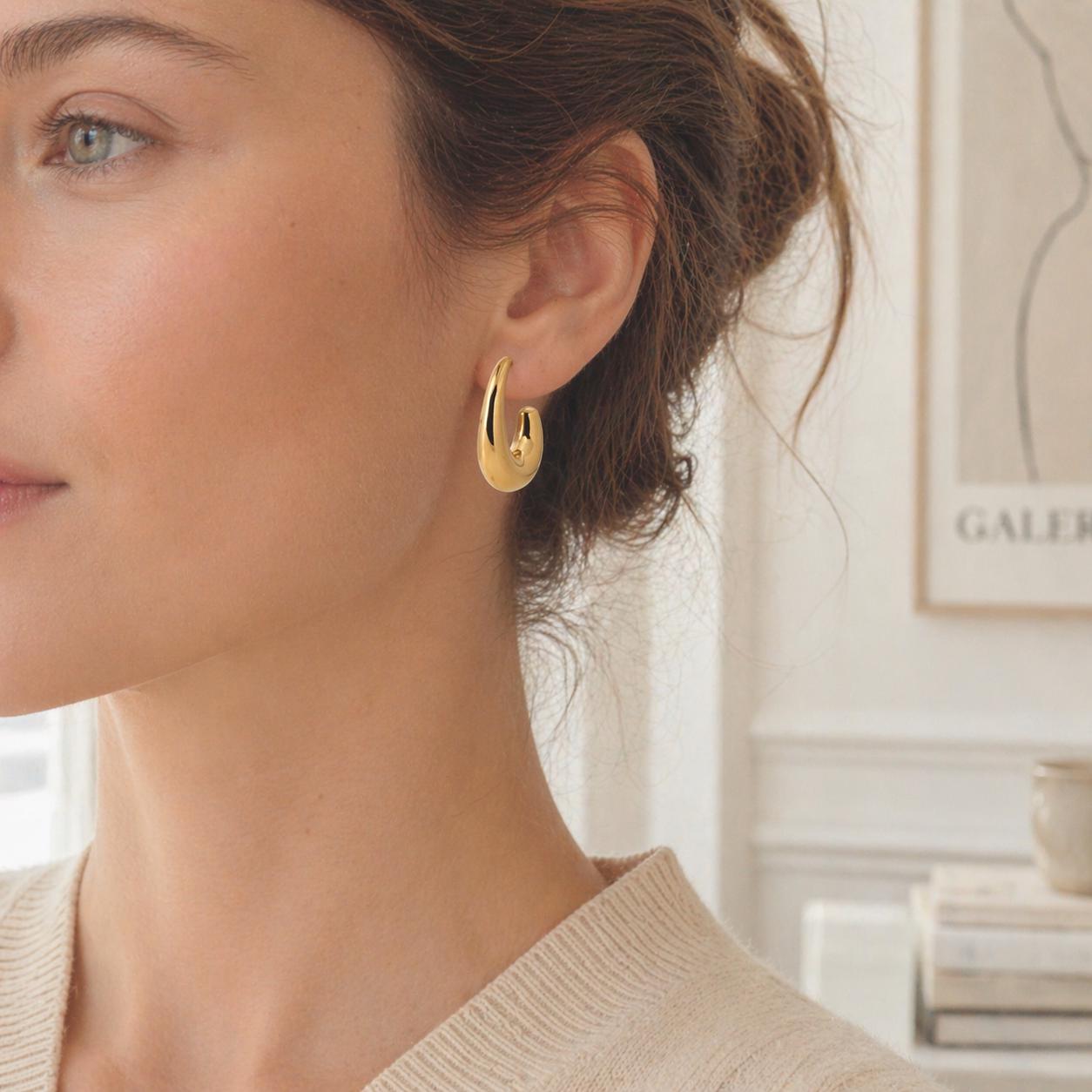 Grandes créoles Ovales épaisses dorées • Boucles d'oreilles anneaux demi-arrondis ouverts • Bijou contemporain pour femme