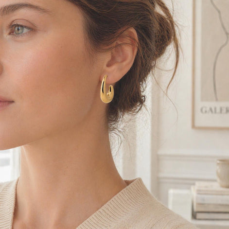 Grandes créoles Ovales épaisses dorées • Boucles d'oreilles anneaux demi-arrondis ouverts • Bijou contemporain pour femme