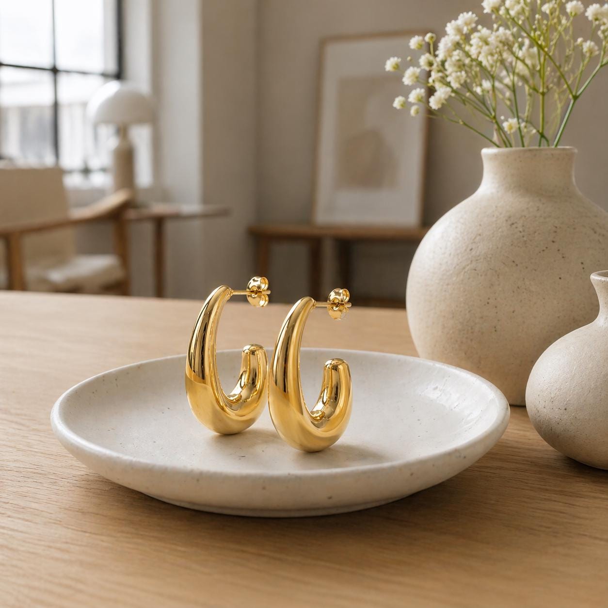 Grandes créoles Ovales épaisses dorées • Boucles d'oreilles anneaux demi-arrondis ouverts • Bijou contemporain pour femme