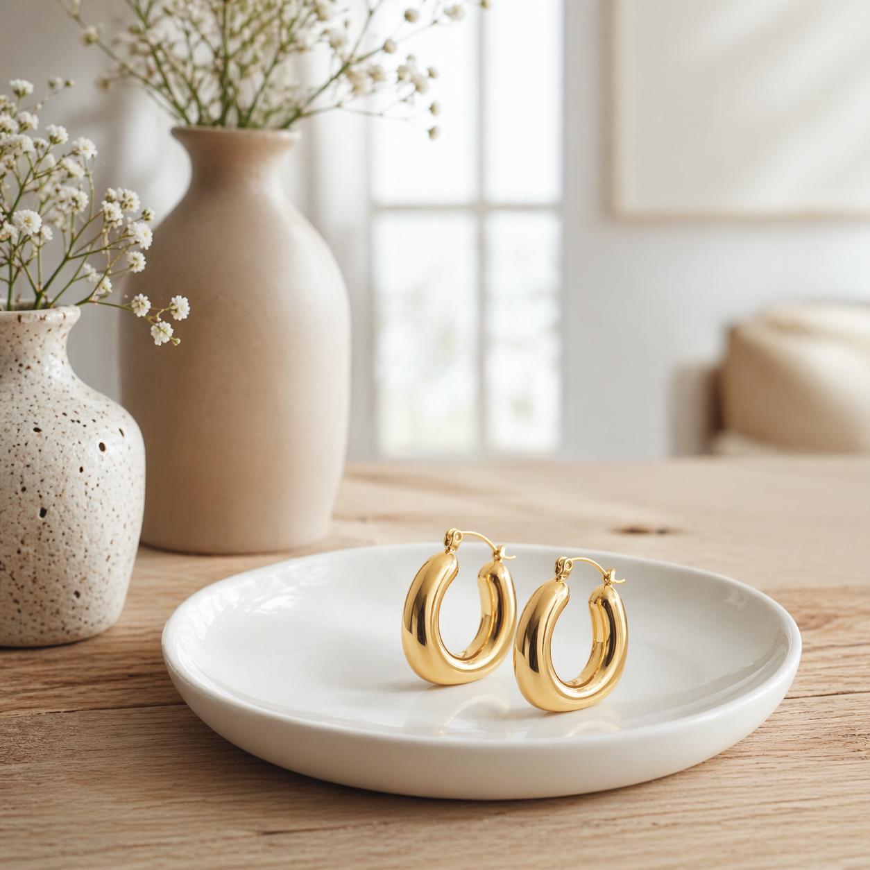 Créoles carré arrondi plaqué Or • Boucles d'oreilles anneaux épais • Bijou contemporain pour femme