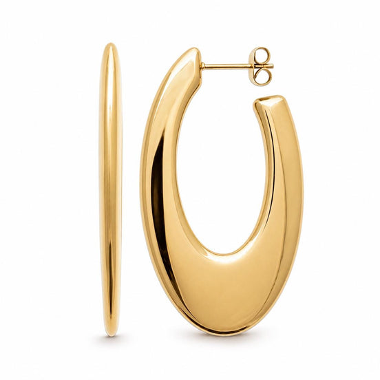 Grandes créoles ovales plates • Doré Or Fin 18K • Boucles d'oreilles anneaux ouverts • Bijou contemporain pour femme