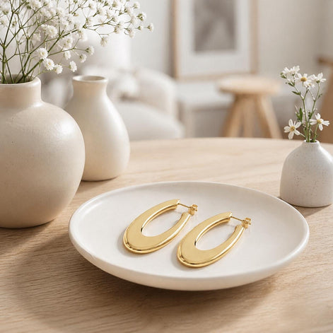 Grandes créoles ovales plates • Doré Or Fin 18K • Boucles d'oreilles anneaux ouverts • Bijou contemporain pour femme