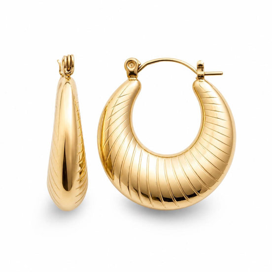Créoles striées • Doré Or Fin 18K • Boucles épaisses en forme de croissant • Anneaux d'oreilles pour femme