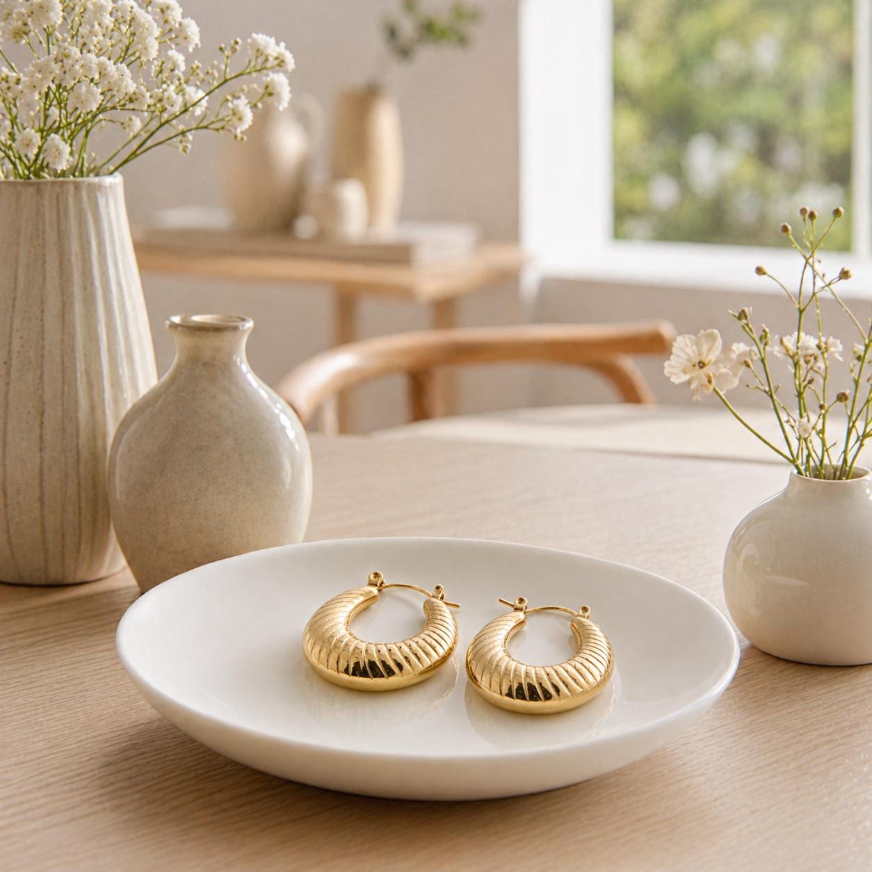 Créoles striées • Doré Or Fin 18K • Boucles épaisses en forme de croissant • Anneaux d'oreilles pour femme