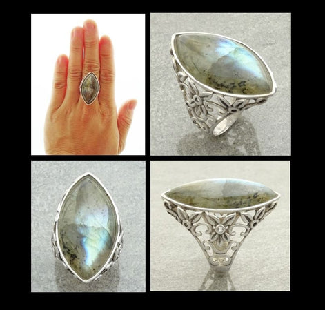 Labradorite Filigree Ring - Sterling Silver Ring - Green Labradorite ring - Filigree Ring - Boho chic ring - Unique Ring - Statement Ring