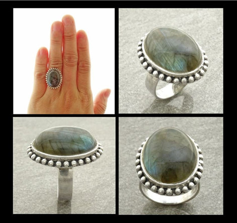 NATURAL Labradorite Ring, 925 Sterling Silver, Oval Green Stone Jewelry, Domed Oval Ring, Vintage Boho Antique Rope Design Gift