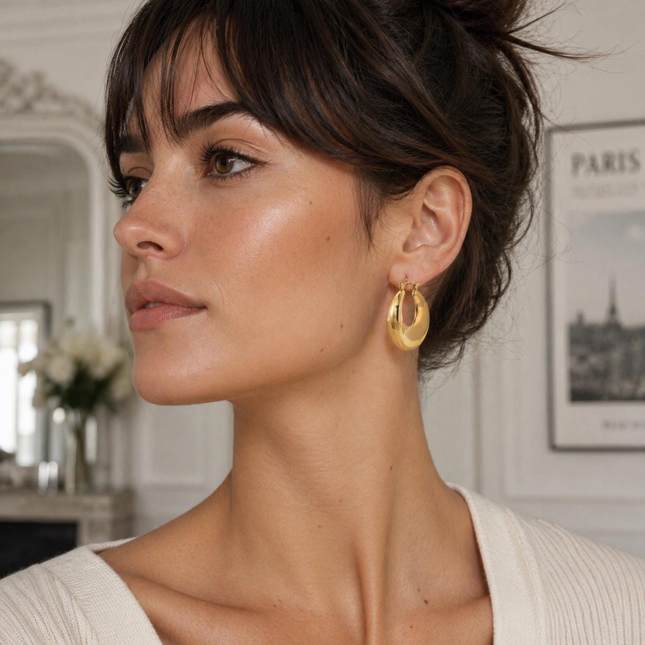 Grandes créoles incurvées • Doré Or Fin 18K • Boucles d'oreilles anneaux à disques épais • Cadeau minimaliste et original pour elle