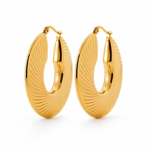 Créoles disque striées • Doré Or Fin 18K • Boucles épaisses en forme de demi-lune • Anneaux d'oreilles pour femme
