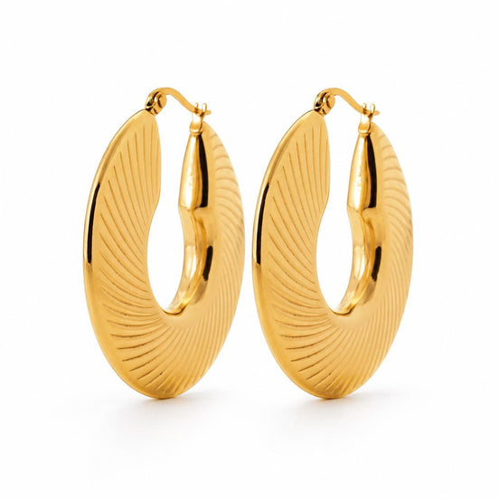Créoles disque striées • Doré Or Fin 18K • Boucles épaisses en forme de demi-lune • Anneaux d'oreilles pour femme