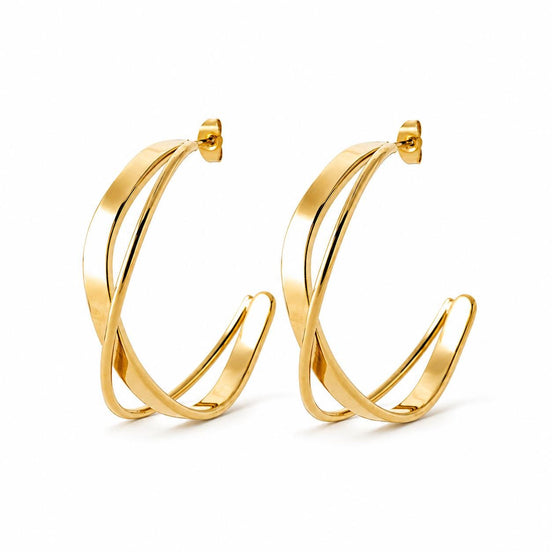 Créoles modernes croisées • Doré Or fin 18K • Boucles d'oreilles anneaux ouverts torsadés • Bijoux moderne pour femme