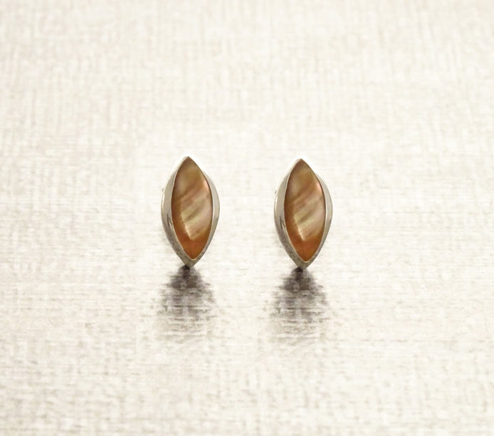Oval Stud Earrings, Sterling Silver, GENUINE Brown Paua Shell Iridescent Pearl Rainbow Highlights, Geometric Minimalist Dainty Earrings