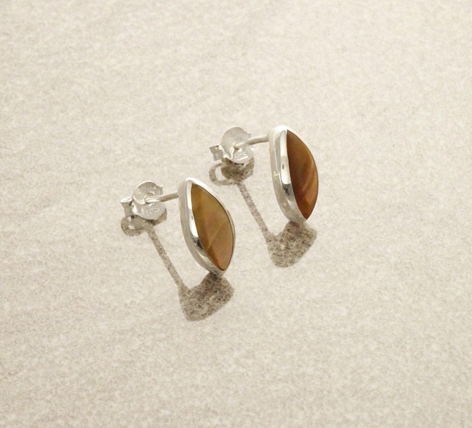 Oval Stud Earrings, Sterling Silver, GENUINE Brown Paua Shell Iridescent Pearl Rainbow Highlights, Geometric Minimalist Dainty Earrings