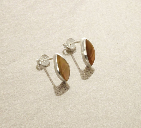 Oval Stud Earrings, Sterling Silver, GENUINE Brown Paua Shell Iridescent Pearl Rainbow Highlights, Geometric Minimalist Dainty Earrings