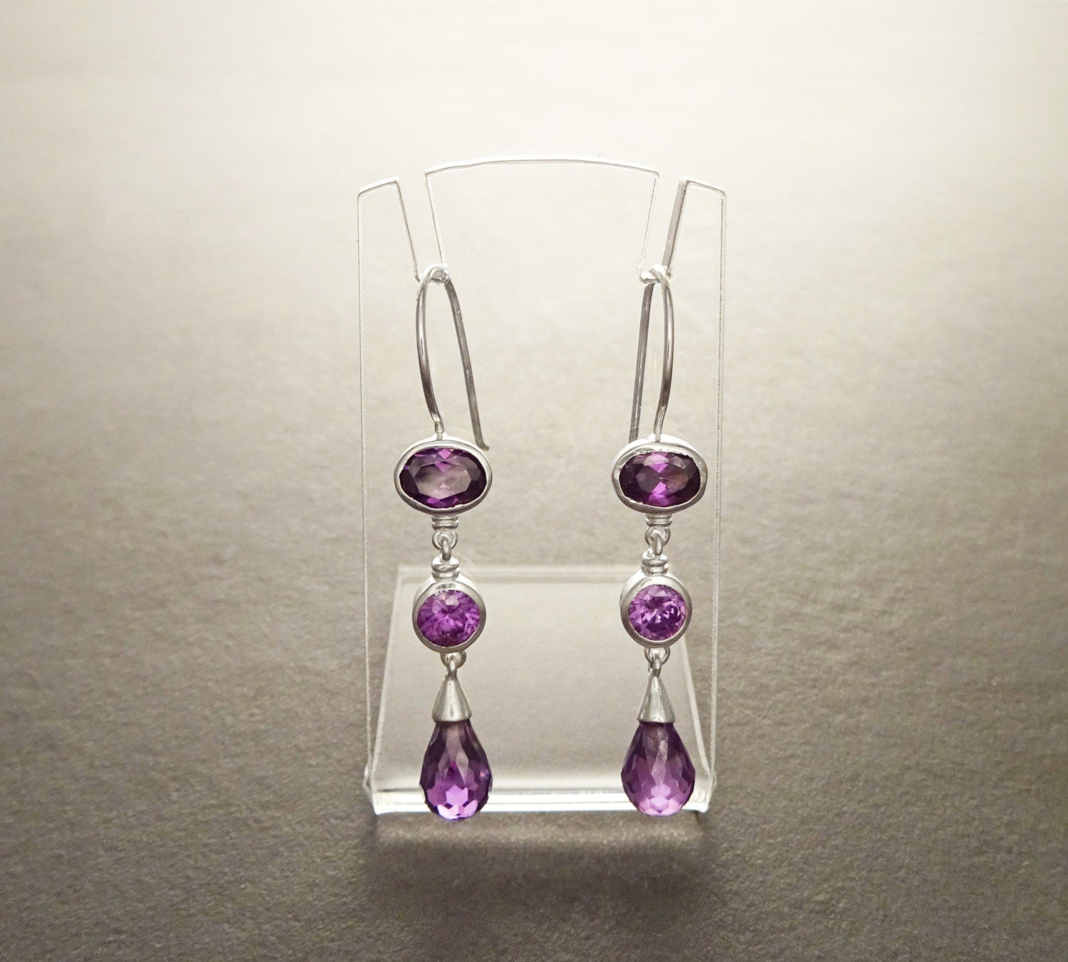 Amethyst Drop Earrings • Sterling Silver • Elegant Dangle Hook Earrings • Faceted Purple Stone Teardrop Cz