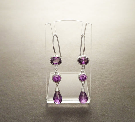 Amethyst Drop Earrings • Sterling Silver • Elegant Dangle Hook Earrings • Faceted Purple Stone Teardrop Cz
