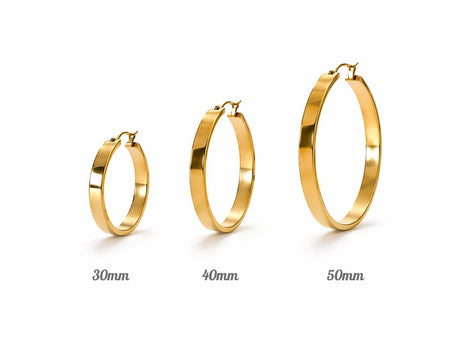 Créoles fil plat doré • Boucles d'oreilles anneaux minimalistes • Trois tailles : 30 mm, 40 mm et 50 mm • Bijou moderne pour femme