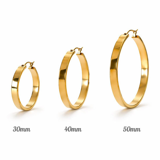 Créoles fil plat doré • Boucles d'oreilles anneaux minimalistes • Trois tailles : 30 mm, 40 mm et 50 mm • Bijou moderne pour femme