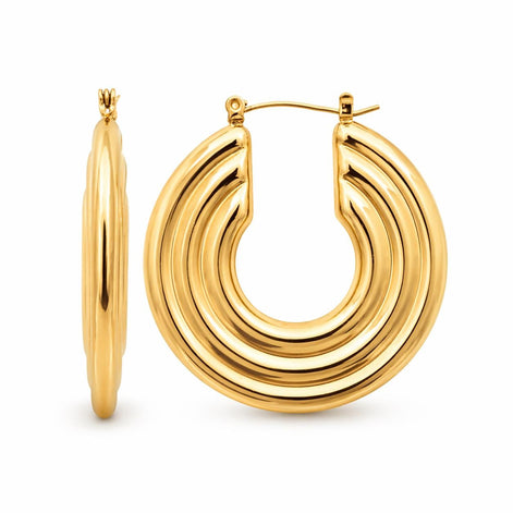 Créoles Disque doré • Grandes Boucles d'oreilles anneaux géométrique rond plat • Bijou moderne pour femme