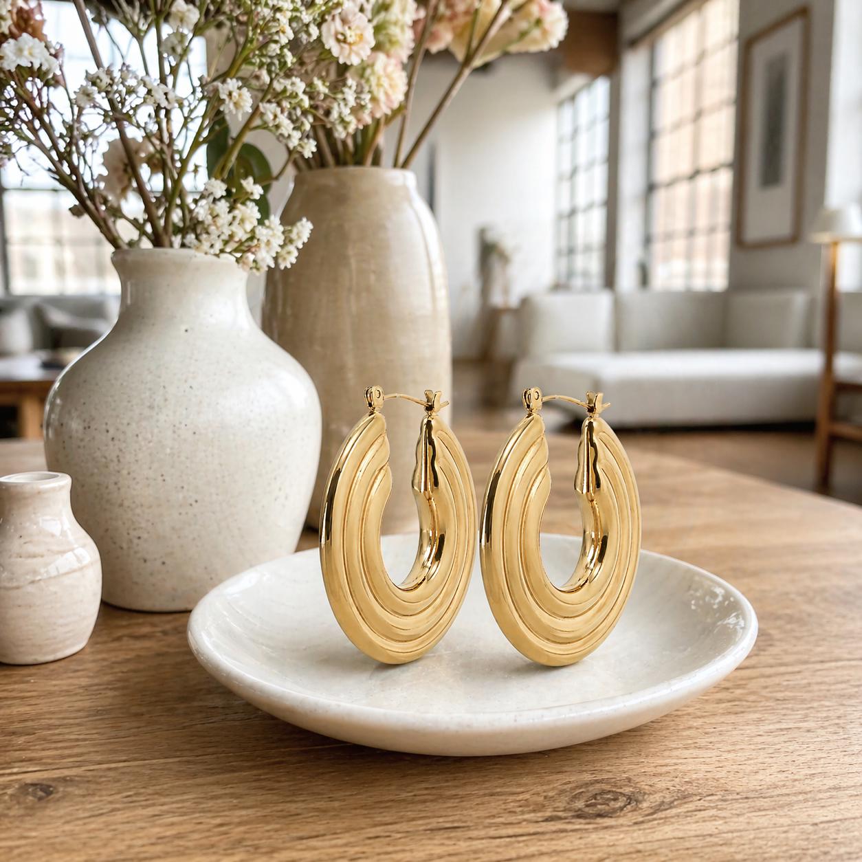 Créoles Disque doré • Grandes Boucles d'oreilles anneaux géométrique rond plat • Bijou moderne pour femme