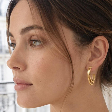 Créoles triple fils oval • Doré Or Fin 18K • Boucles d'oreilles anneaux trois lignes ouvertes • Bijou moderne pour femme
