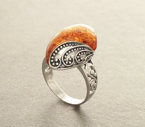 Boho Amber Ring, Sterling Silver 925, GENUINE Amber Gemstone with Inclusions, Intricate Filigree Jewelry, Antique Vintage Bali Bohemian Ring