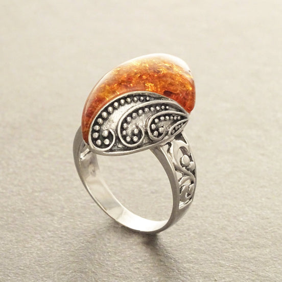 Boho Amber Ring, Sterling Silver 925, GENUINE Amber Gemstone with Inclusions, Intricate Filigree Jewelry, Antique Vintage Bali Bohemian Ring